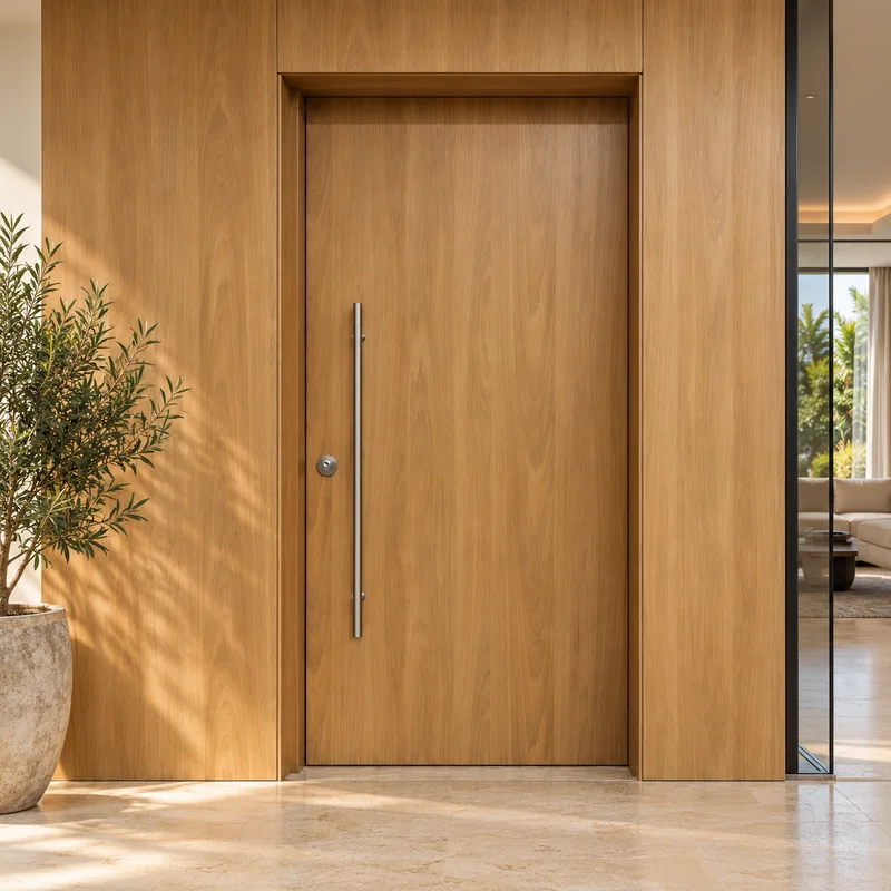 Acabamento de porta blindada residencial em madeira